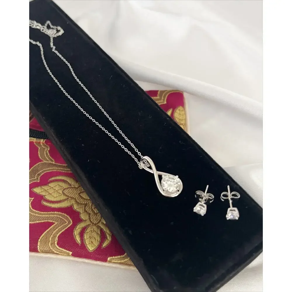 MOISSANITE S925 Twist Round Cut Pendant Necklace In Sterling Silver Earrings